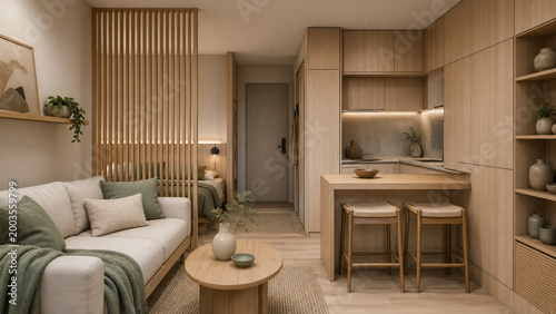 Modern Japandi Studio Apartment Interior with Wooden Slat Room Divider