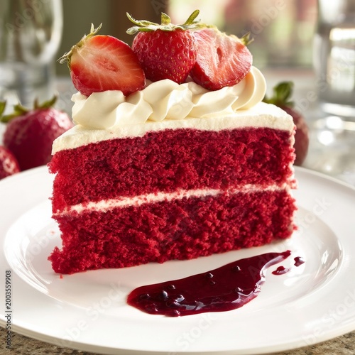 Red Velvet Cake Slice With Strawberries and Filling on a White Plate With Sauce