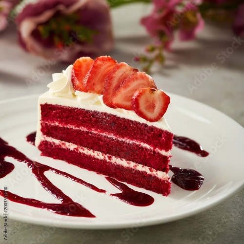 Red Cake With Strawberries Served on a White Plate During a Dessert Time