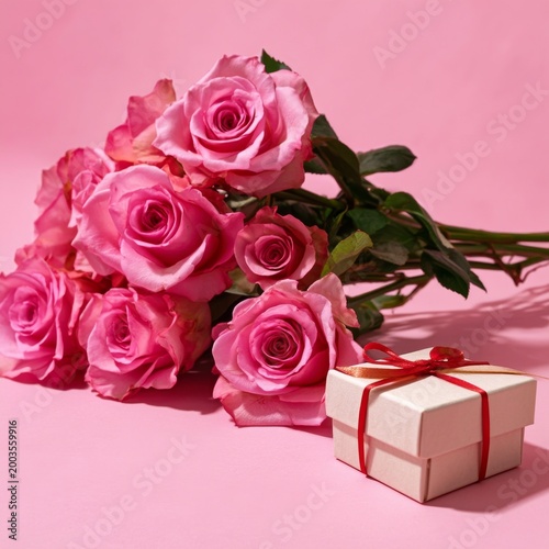 Roses and a Gift Box on Pink Background for a Celebration or Special Occasion...