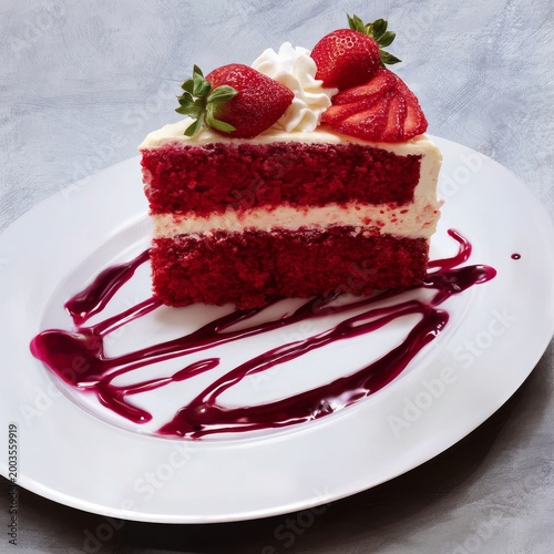 Red Cake With Strawberries Served on a White Plate During a Dessert Time