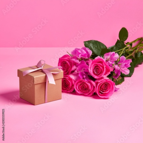 Roses and a Gift Box on Pink Background for a Celebration or Special Occasion...
