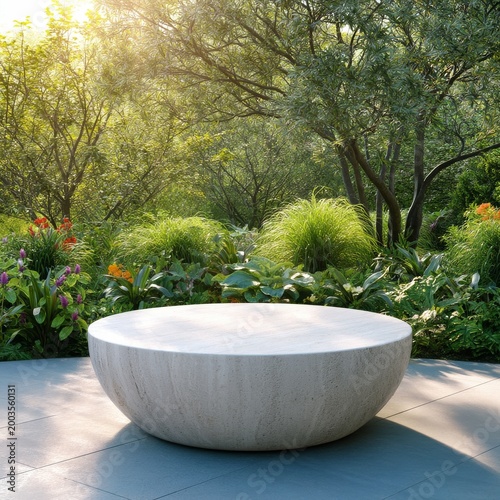 Sunlight Shines on a Table in a Garden Surrounded by Vibrant Plants and Trees...