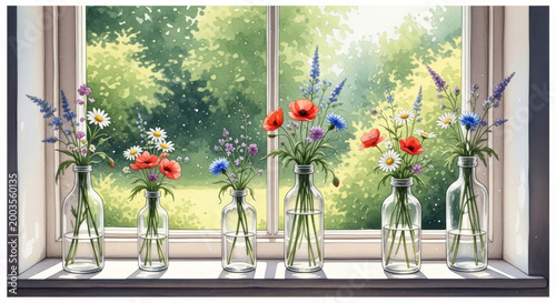 A charming display of colorful wildflowers in glass bottles, set against a bright window, bringing a touch of nature indoors.