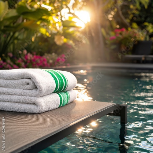 Sunrise Over Pool With Towels Stacked Next to Water