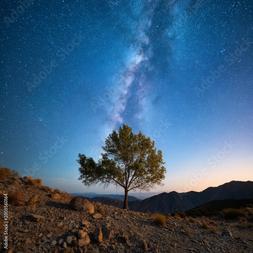 Starry Night Above a Lone Tree in a Rocky Landscape With Clear Sky Overhead