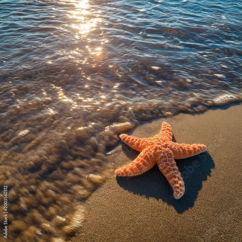 Starfish on a Sandy Beach With Waves Rolling in During Sunset