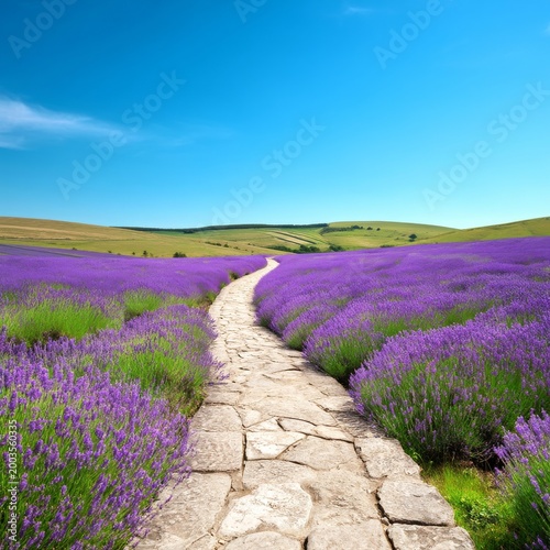 Lavender Fields Stretch Along a Stone Path Under a Clear Sky in a Rural Lands...