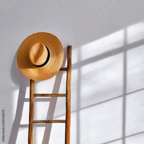 Ladder With Straw Hat Leaning Against a Wall During the Day
