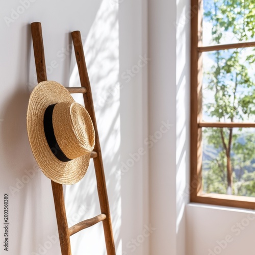 Hat Hanging on Wooden Ladder Near Window With Tree View on Sunny Day