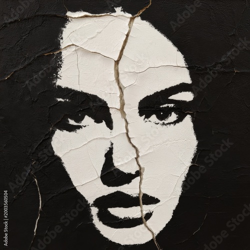 Cracked Wall With Black and White Portrait Showing Face Detail Located in Urb...