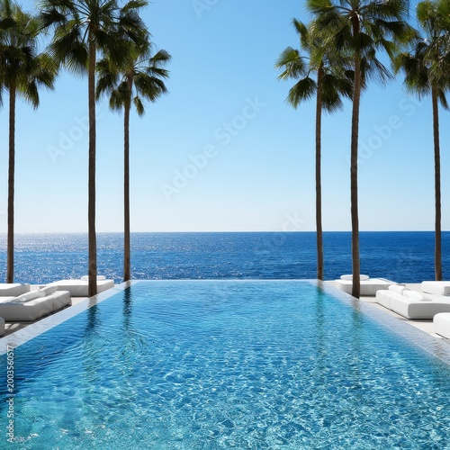 Relaxing by the Ocean at a Pool Surrounded by Palm Trees Under a Clear Blue Sky