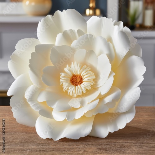 White Flower Centerpiece on Wooden Table in a Bright Room