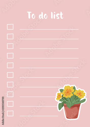 Pink to do list template with yellow primrose flowers. Cartoon flat vector checklist for planning tasks and daily notes.