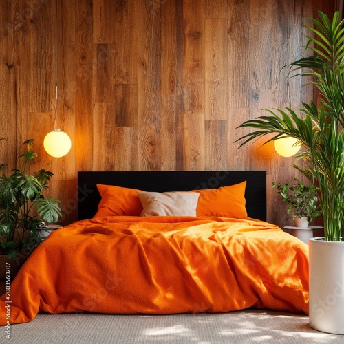 Cozy Bedroom With Orange Bedding and Plants in Indoor Setting During Daylight...