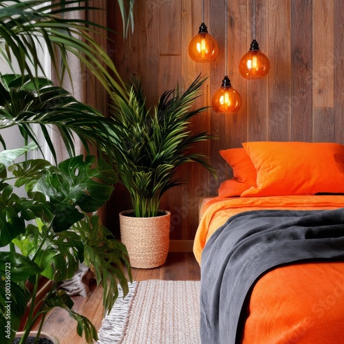 Cozy Bedroom With Orange Bedding and Plants in Indoor Setting During Daylight...