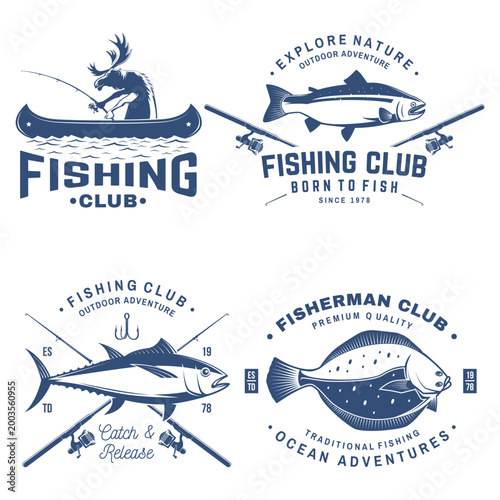 Fishing badge set vector fishing club patches fish tuna catch and release crossed rods anglers vintage outdoor adventure sticker pack isolated background