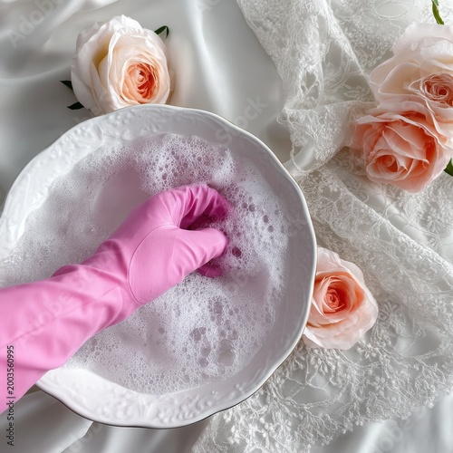 Hand in Pink Glove Washing Dishes in White Bowl With Bubbles and Flowers Near...