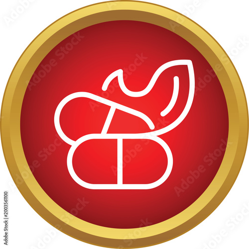 White outline illustrating two herbal pills and a leaf on a red circle