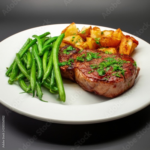 Delicious Steak Served With Green Beans and Roasted Potatoes on a Plate