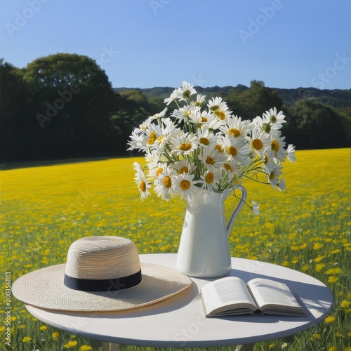 Sunlight Shines on Flowers in a Pitcher on a Table in a Field With a Hat and ...
