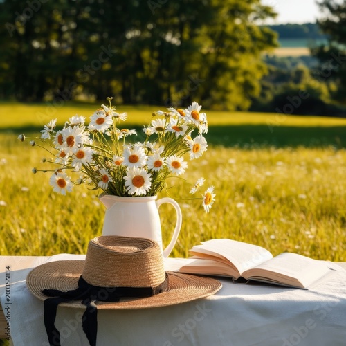 Bright Flowers and a Hat on a Table in a Sunny Field During Summer