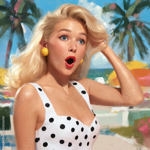 Woman With Blonde Hair and Polka Dot Dress Surprised at Beachside Resort on S...