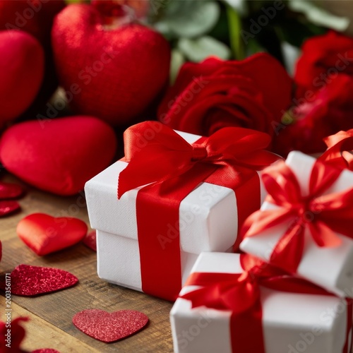 Gifts and Red Decorations for a Special Occasion With Roses and Hearts