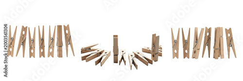 Fotografía Set and collection of brown wooden clothes pins isolated on white transparent pn