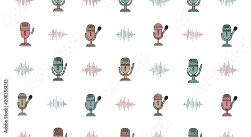 Retro Microphone and Sound Wave Pattern - Podcast, Radio, Music