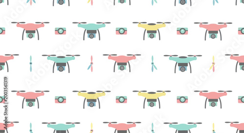 Seamless Pattern of Colorful Drones and Cameras on White Background