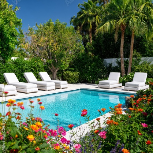 Bright Pool Area Surrounded by Flowers and Green Plants on a Sunny Day in the...