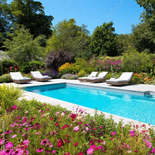 Sunny Day at a Swimming Pool Surrounded by Colorful Flowers and Green Trees
