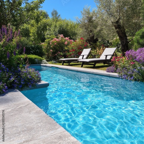 Sunny Day at a Swimming Pool Surrounded by Colorful Flowers and Green Trees