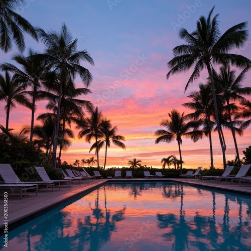 Sunset Over a Calm Pool With Palm Trees in a Tropical Resort