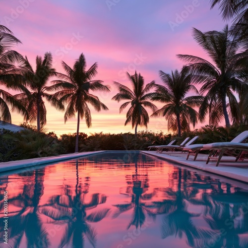 Sunset View Over Swimming Pool Surrounded by Palm Trees in Tropical Location