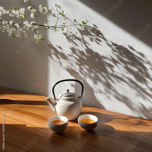 Ceramic Teapot and Cups Sit on Wooden Table With Flower Branch and Shadows in...