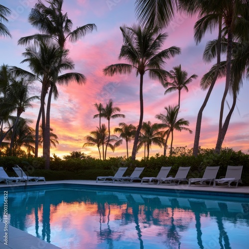 Sunset View Over Swimming Pool Surrounded by Palm Trees in Tropical Location