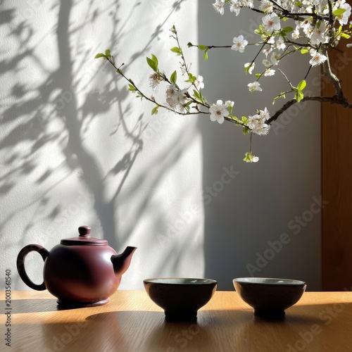 Ceramic Teapot and Cups Sit on Wooden Table With Flower Branch and Shadows in...