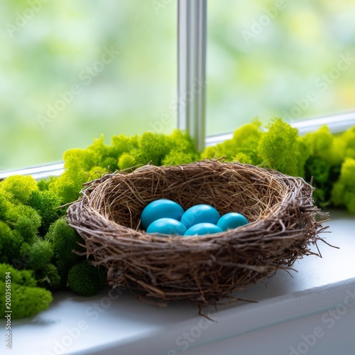 Nest With Blue Eggs Sits on a Windowsill Surrounded by Green Moss