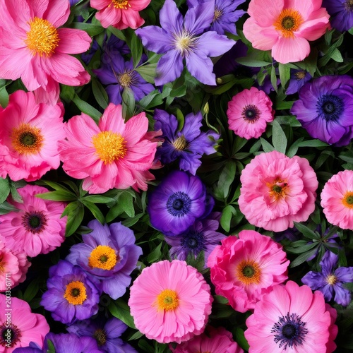 Bright Peonies and Purple Flowers Bloom in a Garden During Sunny Spring After...