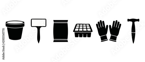Gardening tools icons set including plant pot, soil bag, nursery tray, gloves, and dibber for spring planting and horticulture design projects isolated on white background, black vector silhouettes.