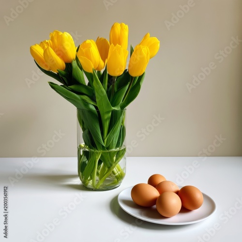 Fresh Yellow Tulips and Brown Eggs on a Table in a Simple Indoor Setting With...