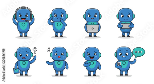 Cute Blue Robot Emoticon Set: Diverse Expressions and Actions