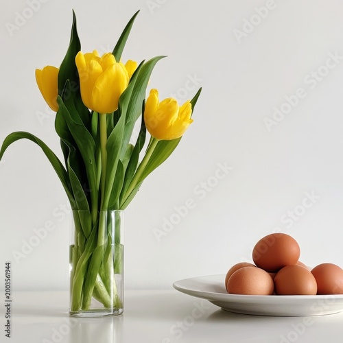 Yellow Tulips in a Glass Vase Beside Eggs on a White Plate in a Bright Room
