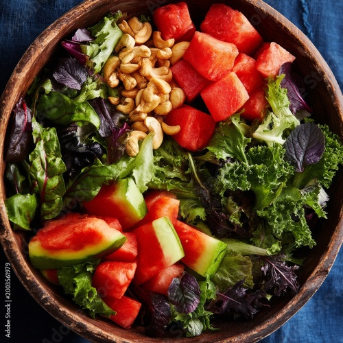 Fresh Salad With Greens, Fruits and Nuts Served in a Bowl Outdoors During the...