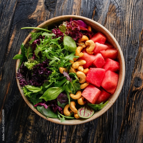 Fresh Salad With Watermelon, Greens, and Nuts in a Bowl on a Wooden Table