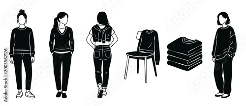Women wearing casual sweaters set, fashion illustration with minimalist people, clothing stack and chair, vector silhouettes of female outfits for lifestyle design, black and white minimal flat graphi