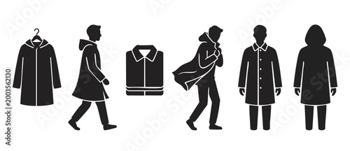 Raincoat Jacket Silhouette Icon Set, Waterproof Outerwear Styles and Wearing Man Figures for Fashion Design, Casual Weatherproof Clothing Collection with Folded Garment, Isolated Vector Graphic Symbol