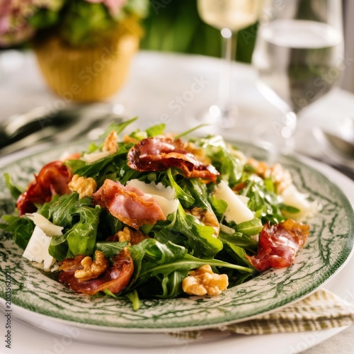 Fresh Salad With Prosciutto, Arugula, Nuts, and Cheese on a Dinner Table